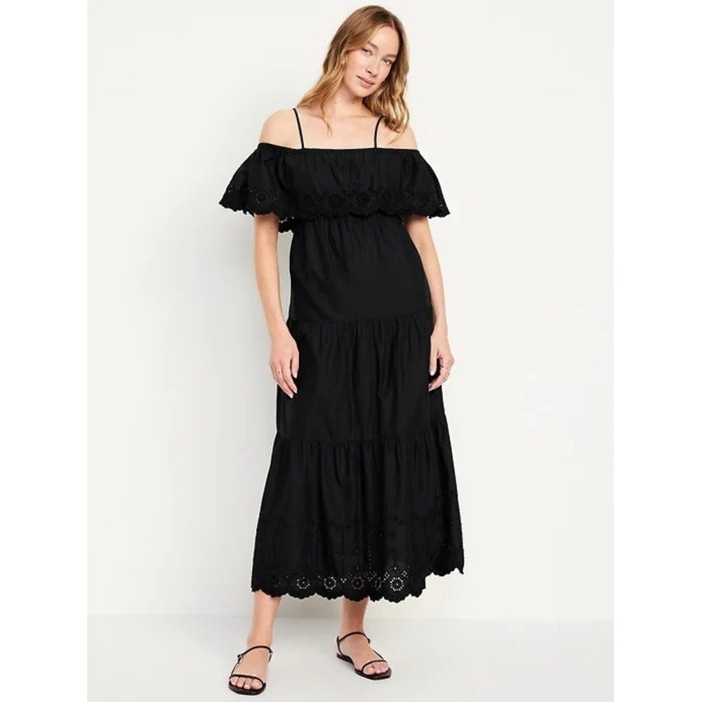 Old Navy‎ Black Eyelet Off Shoulder Midi Dress Womens Large Boho Cottagecore